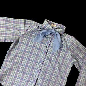 Vintage Plaid Button Up Blouse Blue Pink Bow Tie 1970s Business Shirt Retro